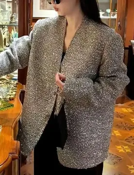 Elegant Silver Women's Suit Jacket European Style Fashion V-neck Long Sleeved Sequined Tweed Coat For Female Spring 2025 New - Aliexpress - FashionsVida