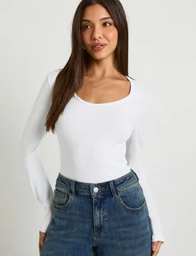 Womens Basic Long Sleeve Scoop Neck Bodysuit - White Cotton - Size 16 Uk - Boohoo - FashionsVida