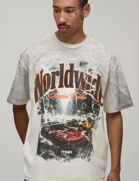 Mens Ecru Oversized Exposed Seam Car Graphic Spray Wash T-Shirt Cotton - Size Small - boohooMAN - FashionsVida