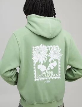 Herren Gewaschener Grüner Relaxed Hoodie Sweatshirt mit Blumen-Japan-Print Green Größe Large - boohooMAN - FashionsVida