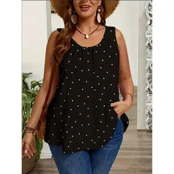 Plus Size - Plus Size - Women'S Sleeveless Top with a Black Background And White Polka, Loose-Fitting, Casual