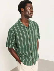 Pure Cotton Embroidered Palm Striped Shirt Green Mix male
