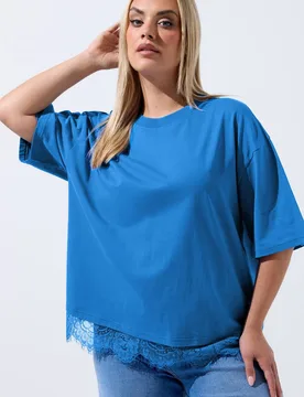 Women's Lace Hem T-Shirt in Cobalt Size: 20 - Cobalt - Size: 20 - Yours - FashionsVida