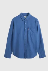 Camicia misto lino con taschino uomo blu