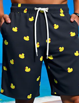 Pantalones cortos de playa para hombre talla grande con estampado de pato de dibujos animados y cintura con cordón para vacaciones - Shein - FashionsVida