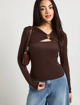 Womens Long Sleeve Top With Ruched Asymetric Neck Trim Detail - Chocolate Elastane - Size 10 Uk - Boohoo - FashionsVida