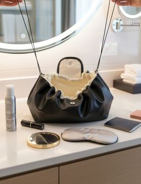 Beauty case con coulisse e manico - nero