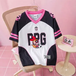 Camiseta para niña preadolescente con bloques de color, patchwork y estampado de dibujos animados