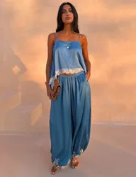 Satin Lace Detail Cami Top Blue Mix female