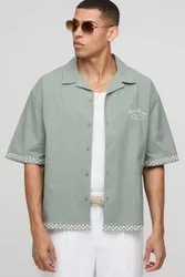 Herren Übergroßes Hemd Mit Leinenlook, Stickerei Und Reverskragen Khaki Größe XS