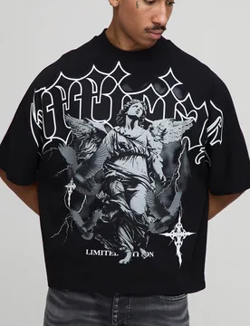Herren Schwarzes Oversized Boxy Heavyweight T-Shirt mit Engel-Print Black Größe Large - boohooMAN - FashionsVida
