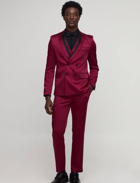 Herren Slim Fit Satin-Sakko mit Kontrastkragen Burgundy Größe 40