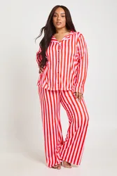 Womens Plus Stripe Print Long Sleeve & Trouser Pj Set - Pink - Size 16 Uk