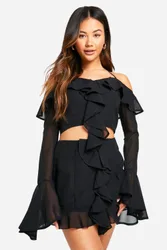 Womens Chiffon Ruffle Front Mini Skirt - Black - Size 10 Uk