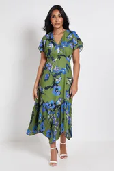 Womens Petite Floral Button Through Pleated Hem Midi Dress - Green - Size 10 Uk