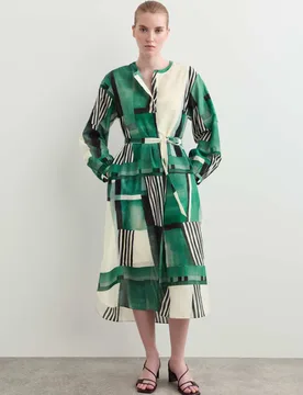 Cotton Silk Blend Geometric Midi Shirt Dress Green Mix female - Jaeger - FashionsVida