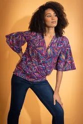 Women's Printed Wrap Smocked Hem Top in Pink Size: Small - Pink - Size: S