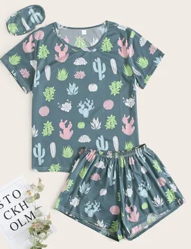 Conjunto de pijama con estampado de cactus con máscara de ojo - Shein - FashionsVida