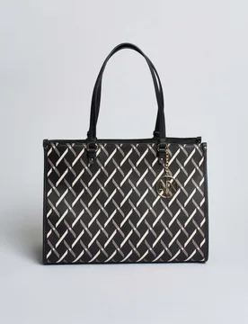 Shopping bag Exchange nera effetto saffiano con logo allover e doppi manici lunghi - Armani - FashionsVida