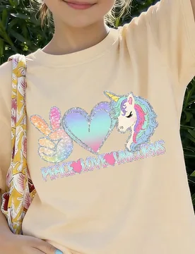 Camiseta gráfica de unicornio y signo de paz para niñas, cómoda y suave camiseta de manga corta de verano linda para adolescentes - Shein - FashionsVida