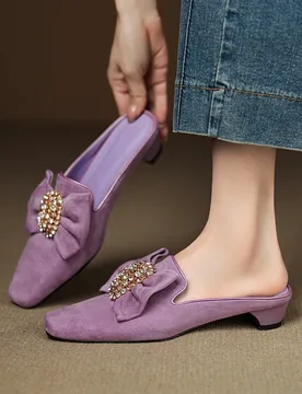 Women's natural suede leather square toe slip-on flats summer mules sweet bowtie crystal buckle 3cm kitten heel sandals shoes - Aliexpress - FashionsVida