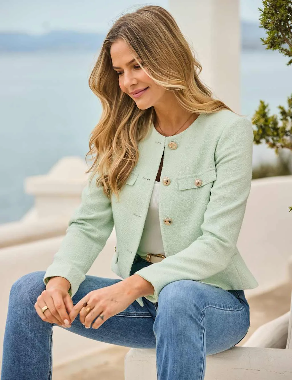 Boucle Collarless Jacket Green female - Sosandar - FashionsVida