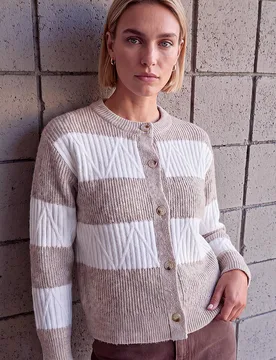 Women's Stripe Buttoned Knit Cardigan Sweater in Beige Size: 14 - Beige - Size: 14 - Roman - FashionsVida