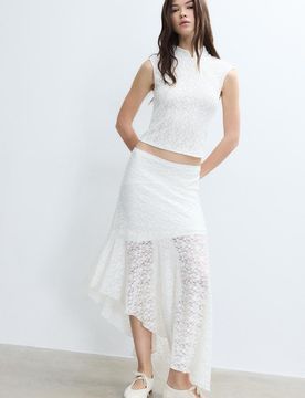 Asymmetrischer Midirock aus Spitze Ecru XL