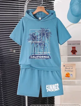 Conjunto de 2 piezas para niños, azul y blanco a rayas, ropa de calle de verano para vacaciones y días festivos, con capucha y manga corta, ropa cas - Shein - FashionsVida