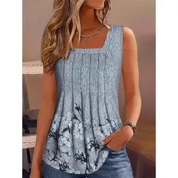 Summer Square Neck-Shirt with Floral Print and Draped Sleeveless Vest