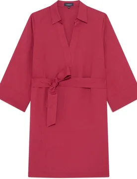 Vestido corto en lino con cintura fruncida - Caroll - FashionsVida