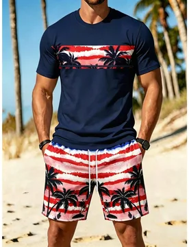 Conjunto casual de 2 piezas para hombre, pantalones cortos con cintura elástica y cordón, camiseta de cuello redondo y manga corta, estilo hawaiano, - Shein - FashionsVida