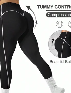 Pieza Leggings de mujer talla grande con contraste de rayas y cintura ancha para correr, fitness, yoga y deportes - Shein - FashionsVida