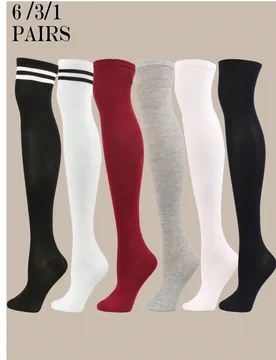 Pares de medias por encima de la rodilla para mujer con rayas y unicolor, estilo universitario sexy, cómodas para uso diario casual, adecuadas para e - Shein - FashionsVida