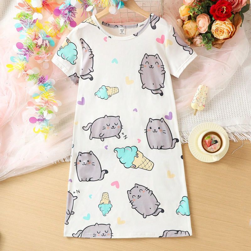 Vestido De Dormir Suelto De Manga Corta Con Estampado De Dibujos Animados Lindo Para Chicas Preadolescentes, Ropa De Hogar