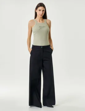 Pantaloni ampi a palazzo neri in popeline di cotone con passanti per cintura e bottone gioiello - PINKO - FashionsVida
