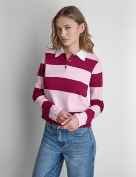 Polo de mujer de manga larga, escote de botones y estampado de rayas - DKNY Jeans - FashionsVida