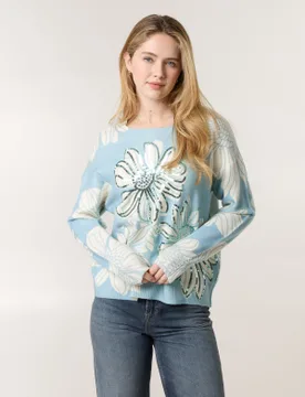 Large Flower Embellished Jumper - S/M / BLUE - female - Blue Vanilla - FashionsVida