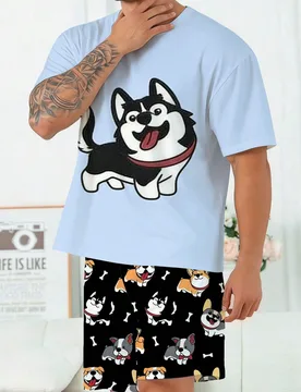 Conjunto de pijama para hombre talla grande Parte superior de cuello redondo y manga corta, y pantalón corto casual con cintura elástica, conjunto d - Shein - FashionsVida