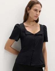 Cotton Blend Lace Detail Waisted Top Black female