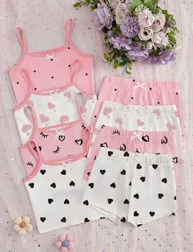 Conjunto de 8 piezas de camiseta de tirantes y pantalones cortos con estampado de corazones y volantes en color rosa y blanco para niñas jóvenes - Shein - FashionsVida
