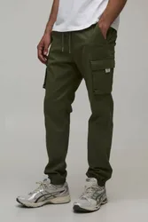 Herren Slim Fit Cargohose mit elastischem Bund und gewebten Bündchen Khaki Größe XS