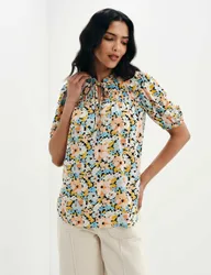 Floral Shirred Tie Neck Relaxed Top Orange Mix female