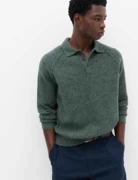 Lofty Ribbed Buttoned Knitted Polo Shirt Cedar male - M&S - FashionsVida