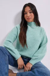 Petite Pearl neck Detail Jumper - Sage - Size: L