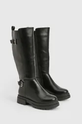 Womens Wide Fit Double Buckle Knee High Biker Boots - Black - Size 6 Wide Fit (Uk Shoe)