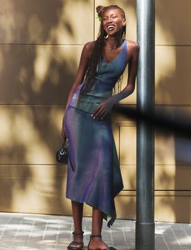 Jupe longue en maille irisée, , Bleu, XS
