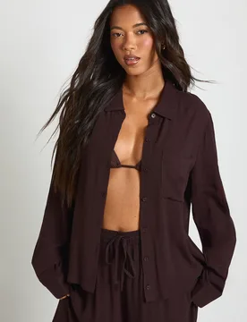 Womens Essentials Oversized Linen Look Shirt - Chocolate - Size 12 Uk - Boohoo - FashionsVida
