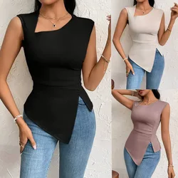 Women's Spring and Summer New Fashion Daily Comfortable Casual Irregular Solid Color Slant Collar Sleeveless Tops for Women