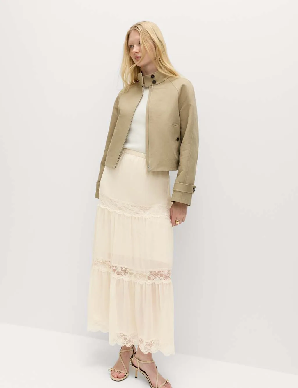 Lace Insert Midi Tiered Skirt Ivory female - M&S - FashionsVida